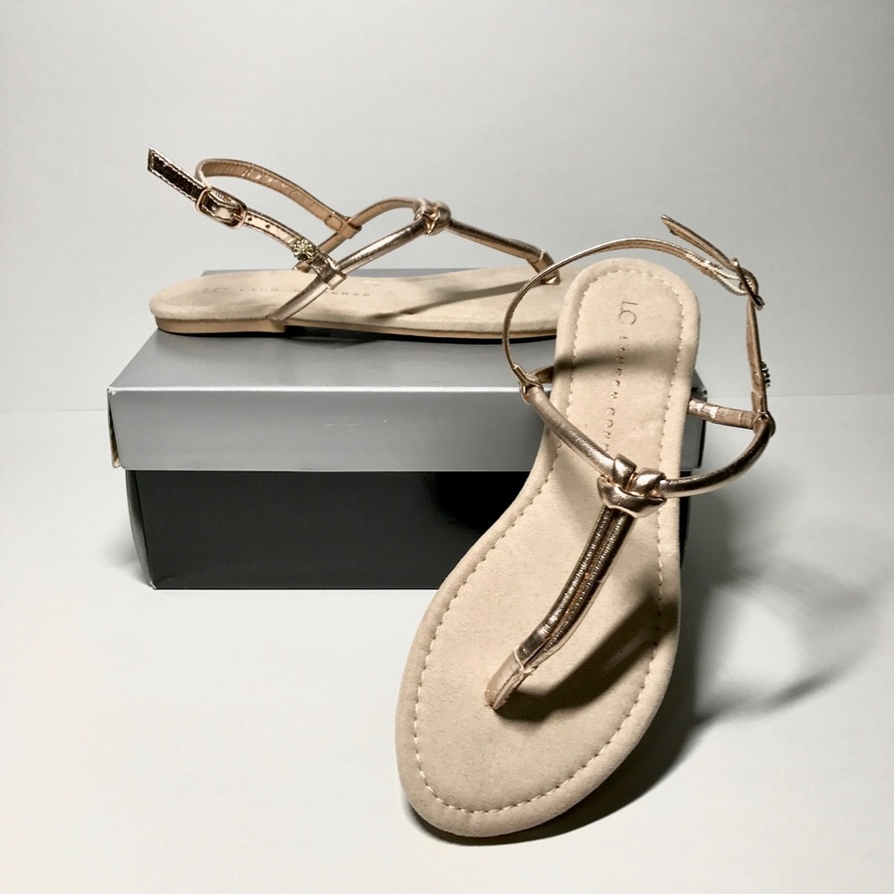 LC Lauren Conrad Women’s T-Strap Summer Sandals Rose Gold Color Size S(5-6)